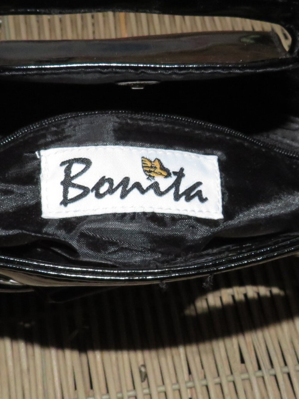 Bonita Black & White Patent Geometric Clutch – Cutout Handle, Y2K Mod Retro